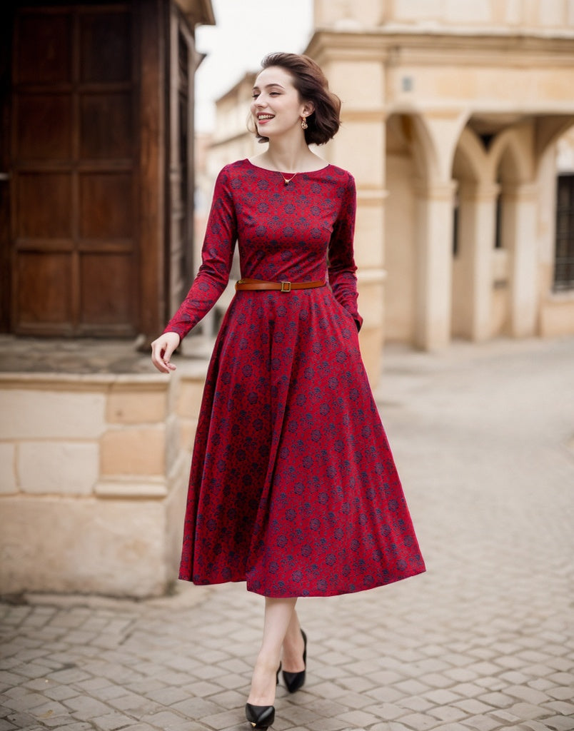 Stretch Floral Belted Midi Dress – Spring/Summer