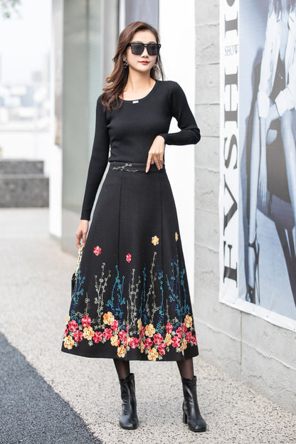 Black Wool Midi Skirt - Flared Silhouette with Embroidered Detail 4160