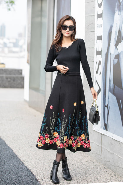 Black Wool Midi Skirt - Flared Silhouette with Embroidered Detail 4160