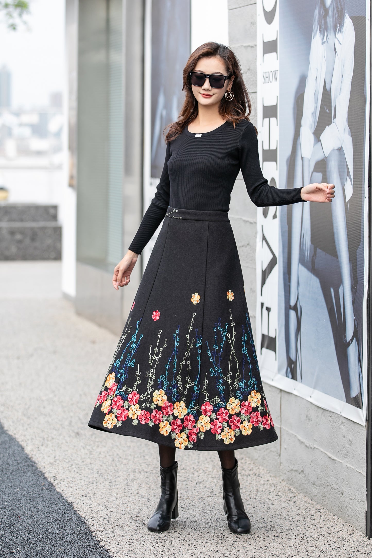 Black Wool Midi Skirt - Flared Silhouette with Embroidered Detail 4160