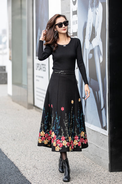 Black Wool Midi Skirt - Flared Silhouette with Embroidered Detail 4160