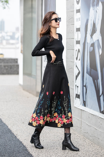 Black Wool Midi Skirt - Flared Silhouette with Embroidered Detail 4160