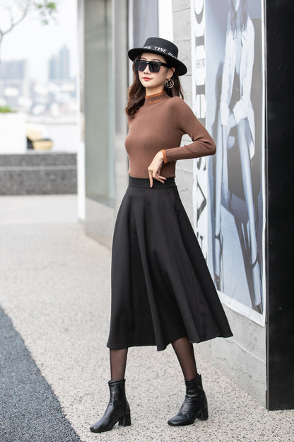 Black Polyester Midi A-Line Skirt - High Waist with Side Pockets 4161