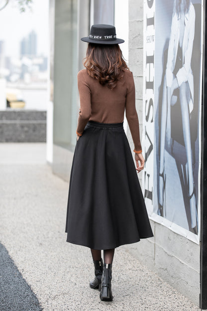 Black Polyester Midi A-Line Skirt - High Waist with Side Pockets 4161