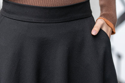 Black Polyester Midi A-Line Skirt - High Waist with Side Pockets 4161