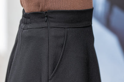Black Polyester Midi A-Line Skirt - High Waist with Side Pockets 4161
