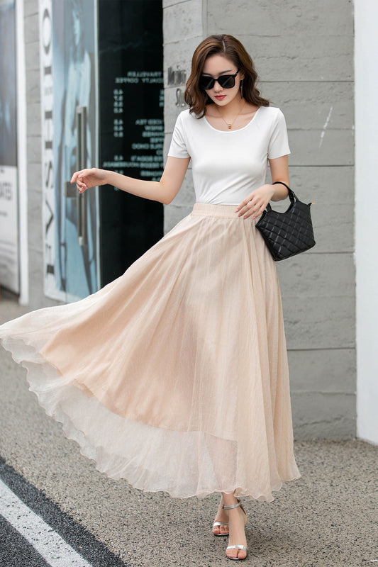 Handmade Beige Chiffon Swing Skirt – Flowing Maxi Circle Skirt | Xiaolizi 4280