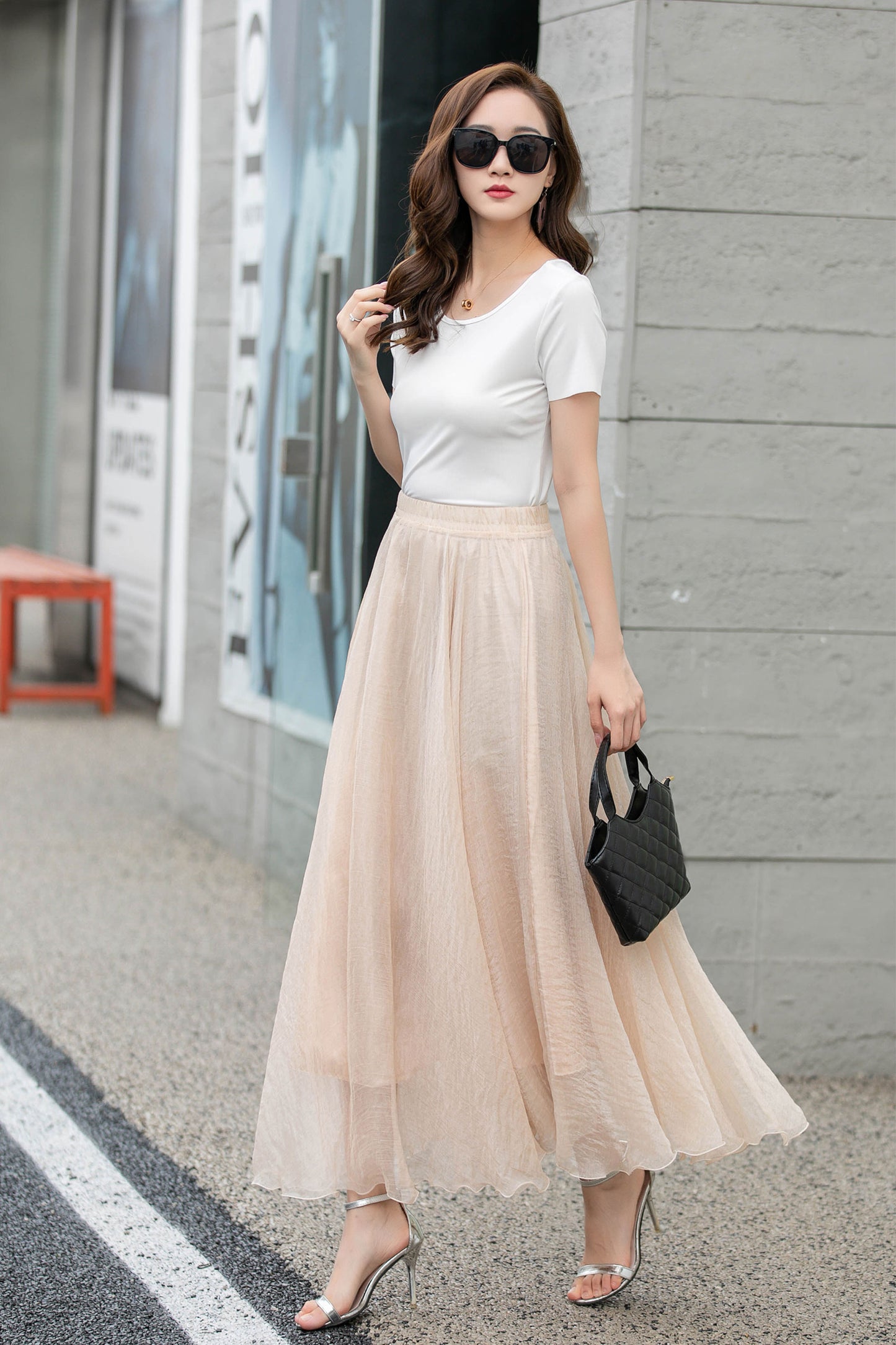 Handmade Beige Chiffon Swing Skirt – Flowing Maxi Circle Skirt | Xiaolizi 4280