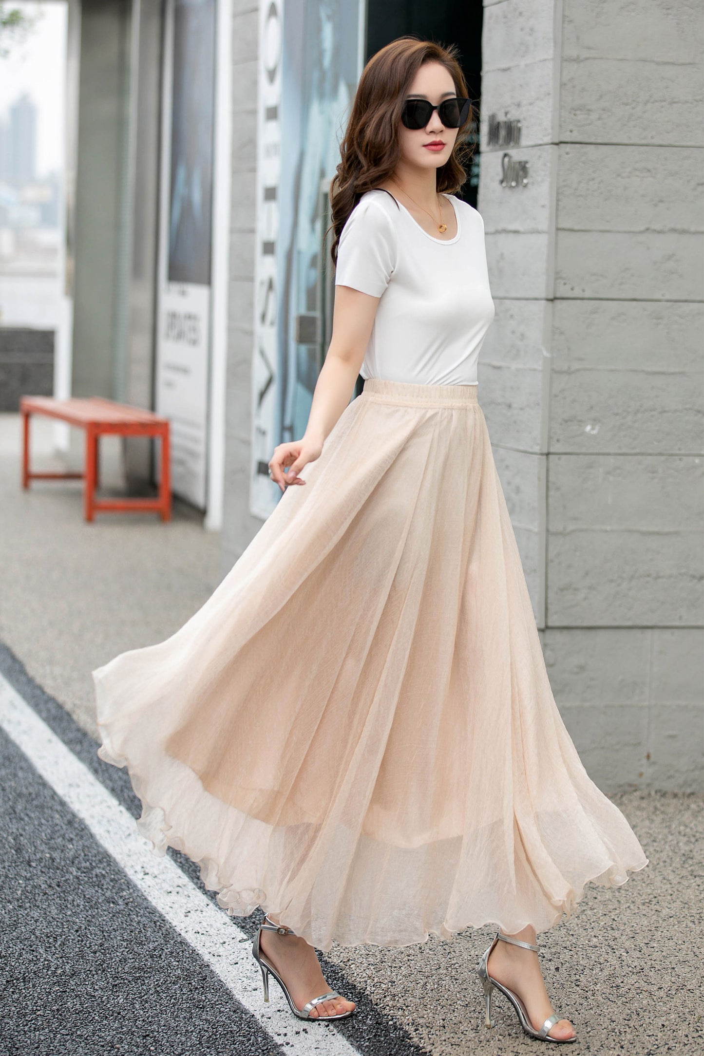 Handmade Beige Chiffon Swing Skirt – Flowing Maxi Circle Skirt | Xiaolizi 4280