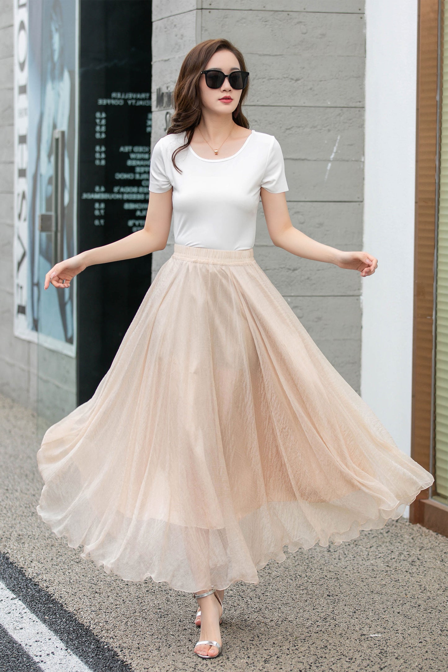Handmade Beige Chiffon Swing Skirt – Flowing Maxi Circle Skirt | Xiaolizi 4280