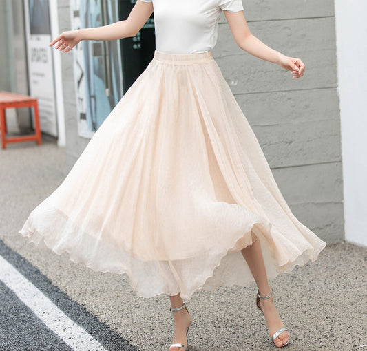 Handmade Beige Chiffon Swing Skirt – Flowing Maxi Circle Skirt | Xiaolizi 4280
