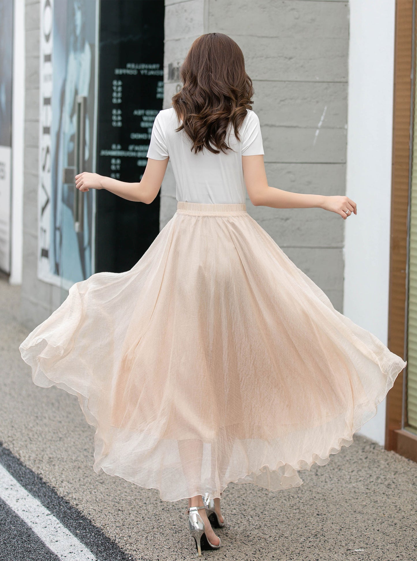 Handmade Beige Chiffon Swing Skirt – Flowing Maxi Circle Skirt | Xiaolizi 4280