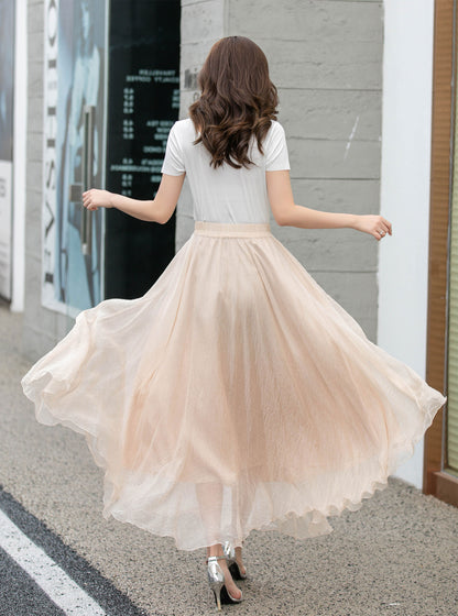 Handmade Beige Chiffon Swing Skirt – Flowing Maxi Circle Skirt | Xiaolizi 4280