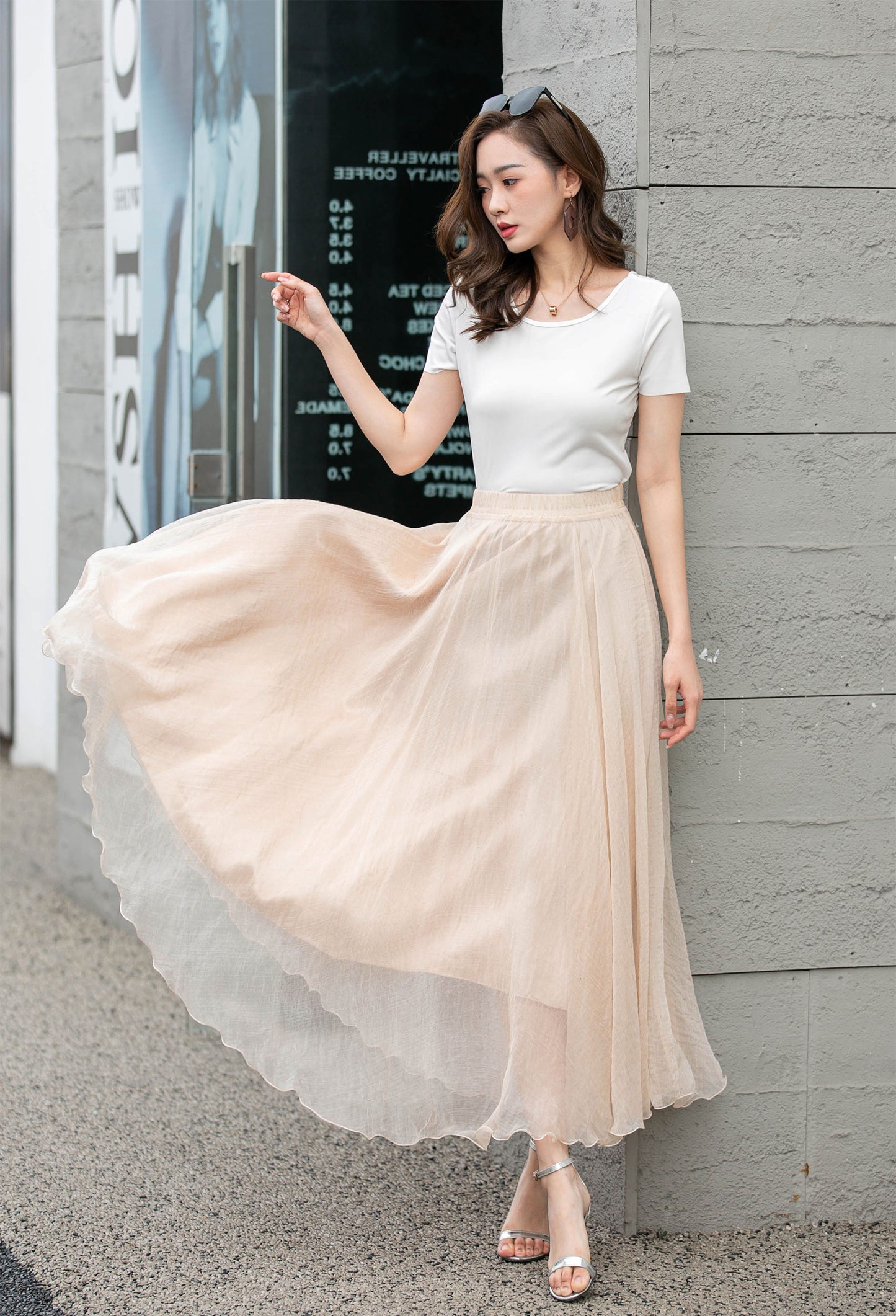 Handmade Beige Chiffon Swing Skirt – Flowing Maxi Circle Skirt | Xiaolizi 4280