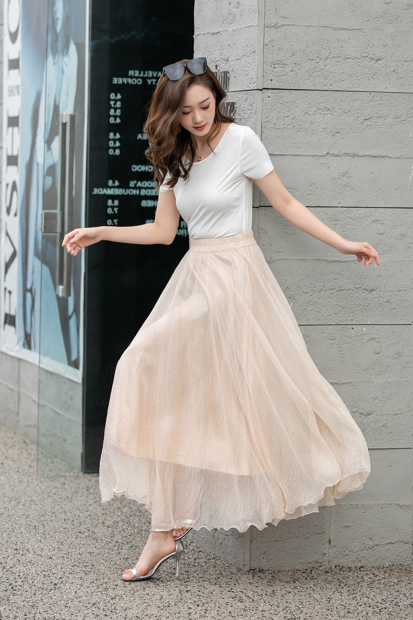 Handmade Beige Chiffon Swing Skirt – Flowing Maxi Circle Skirt | Xiaolizi 4280