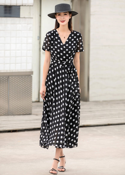 Black Chiffon Maxi Dress - Wrap Tie Waist with Polka Dot 2862