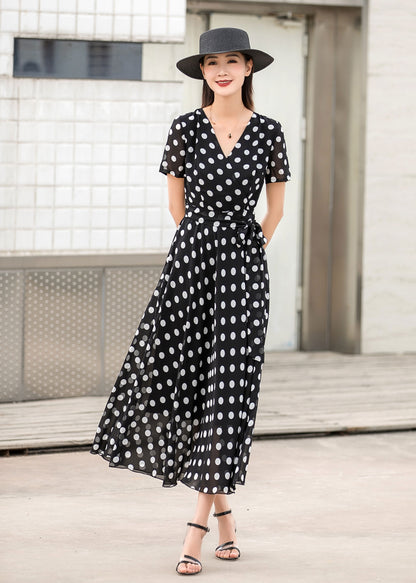 Black Chiffon Maxi Dress - Wrap Tie Waist with Polka Dot 2862