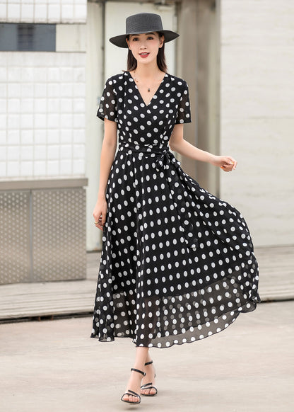 Black Chiffon Maxi Dress - Wrap Tie Waist with Polka Dot 2862
