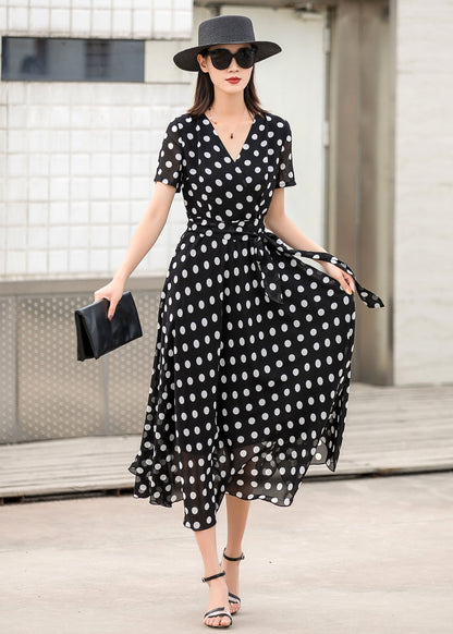 Black Chiffon Maxi Dress - Wrap Tie Waist with Polka Dot 2862