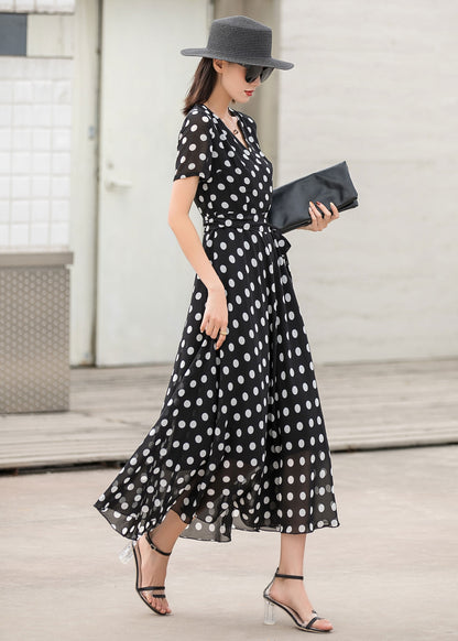 Black Chiffon Maxi Dress - Wrap Tie Waist with Polka Dot 2862
