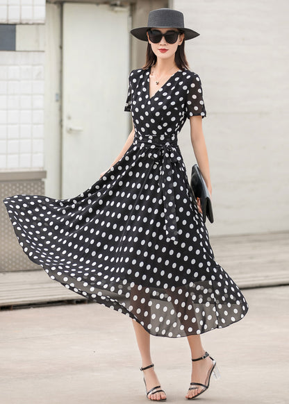 Black Chiffon Maxi Dress - Wrap Tie Waist with Polka Dot 2862
