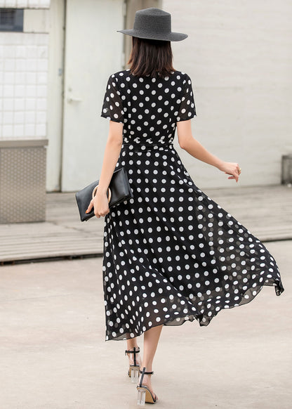 Black Chiffon Maxi Dress - Wrap Tie Waist with Polka Dot 2862