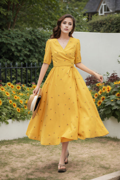 Yellow Cotton Linen Wrap Midi Dress - Floral Embroidery V-Neck | Xiaolizi 6733