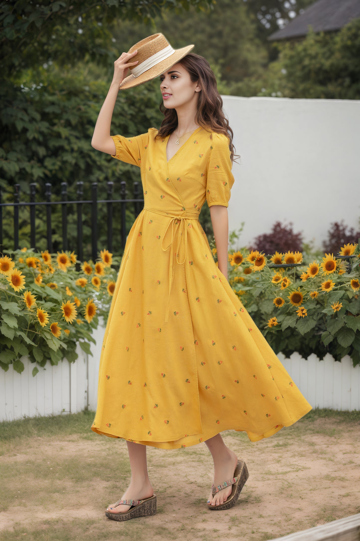 Yellow Cotton Linen Wrap Midi Dress - Floral Embroidery V-Neck | Xiaolizi 6733