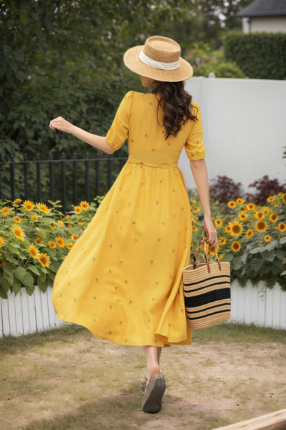 Yellow Cotton Linen Wrap Midi Dress - Floral Embroidery V-Neck | Xiaolizi 6733