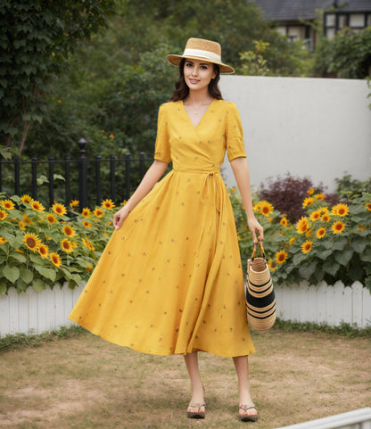 Yellow Cotton Linen Wrap Midi Dress - Floral Embroidery V-Neck | Xiaolizi 6733