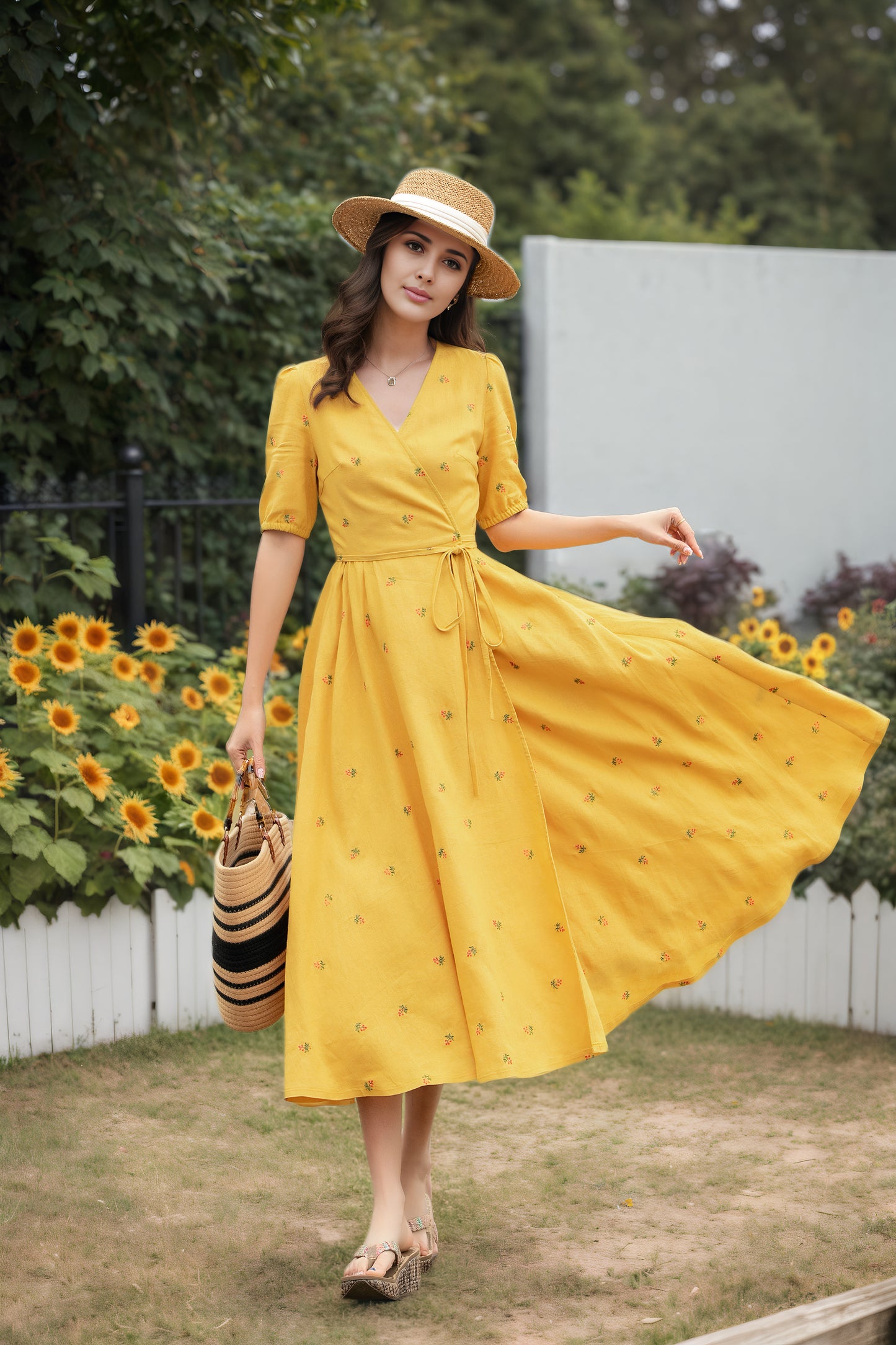 Yellow Cotton Linen Wrap Midi Dress - Floral Embroidery V-Neck | Xiaolizi 6733