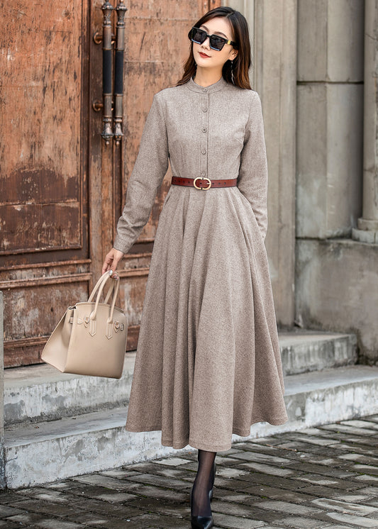 Wool Blend Midi Dress – Women’s Long Sleeve Winter Fit and Flare Dress 5432