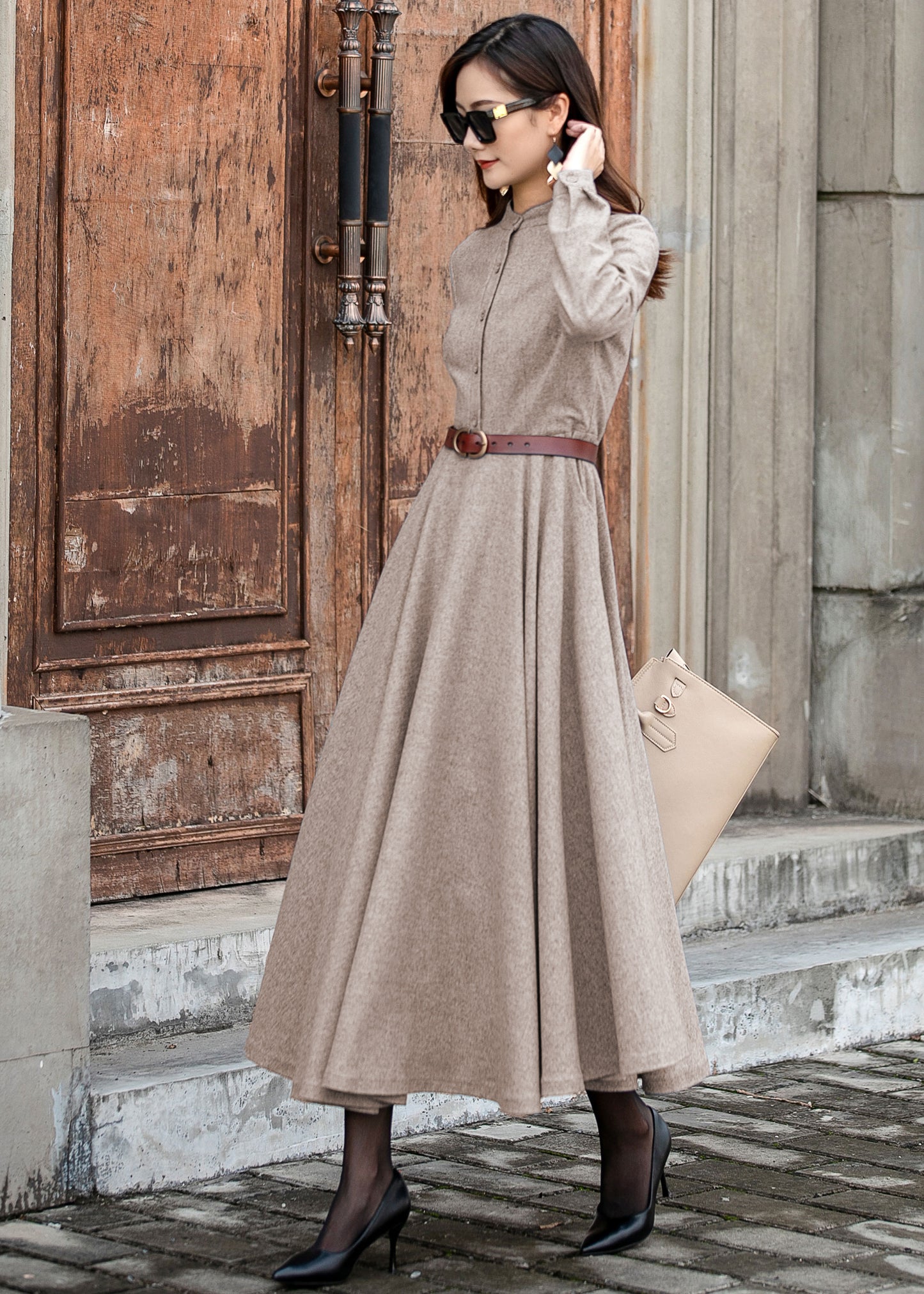 Wool Blend Midi Dress – Women’s Long Sleeve Winter Fit and Flare Dress 5432