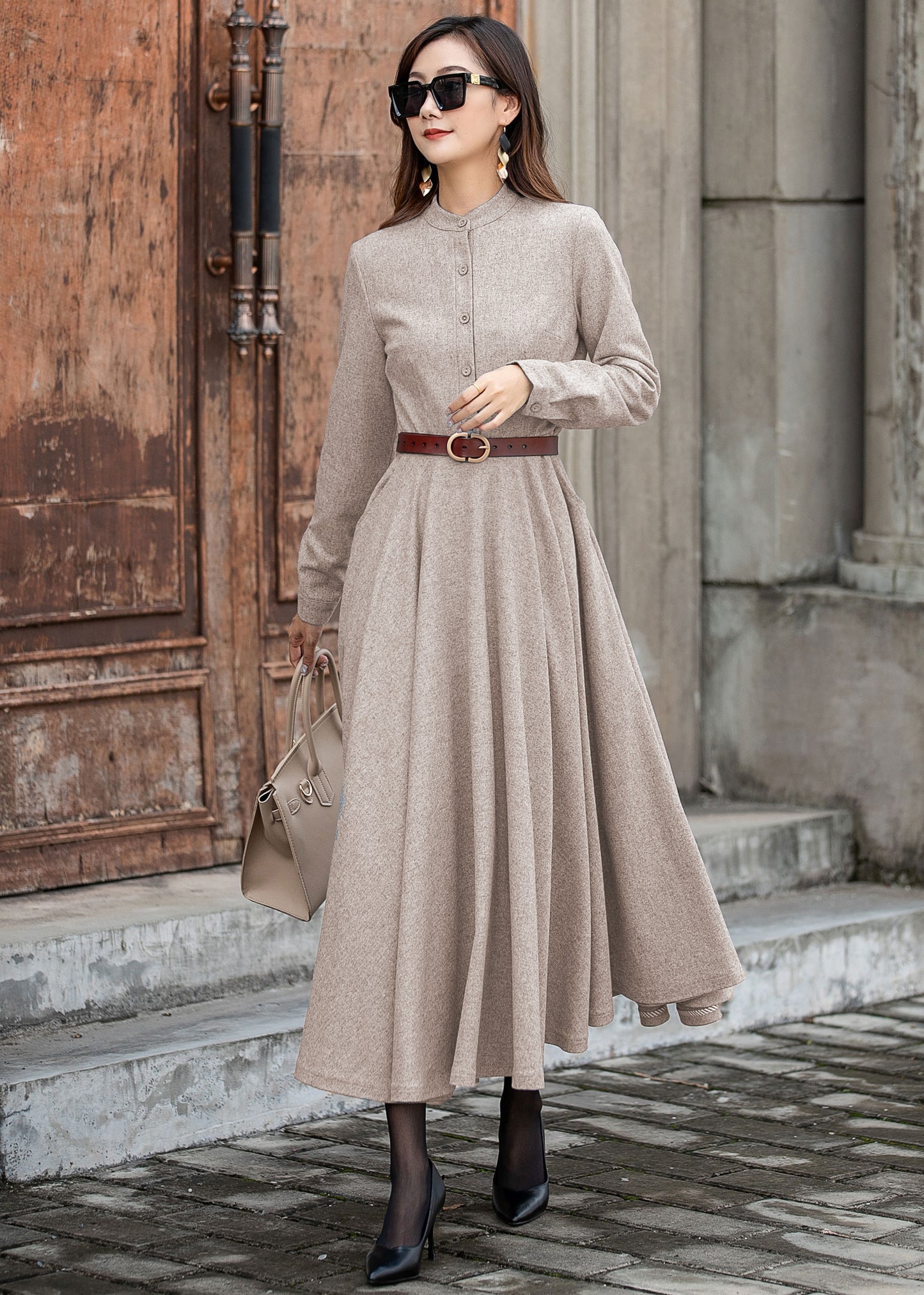 Wool Blend Midi Dress – Women’s Long Sleeve Winter Fit and Flare Dress 5432
