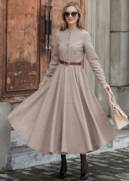 Wool Blend Midi Dress – Women’s Long Sleeve Winter Fit and Flare Dress 5432