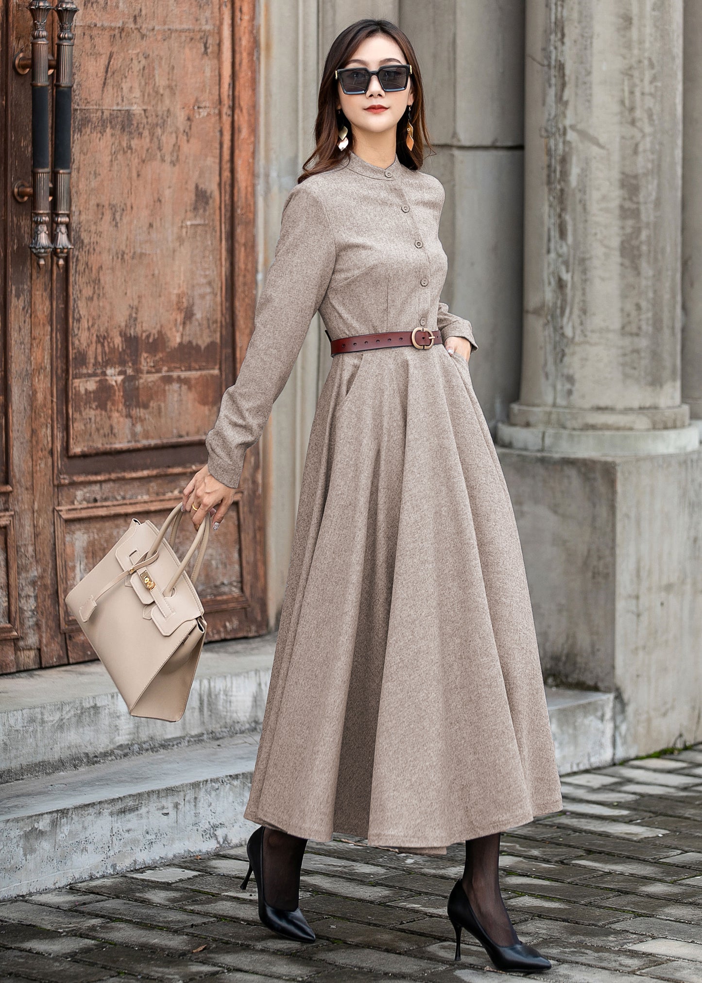 Wool Blend Midi Dress – Women’s Long Sleeve Winter Fit and Flare Dress 5432