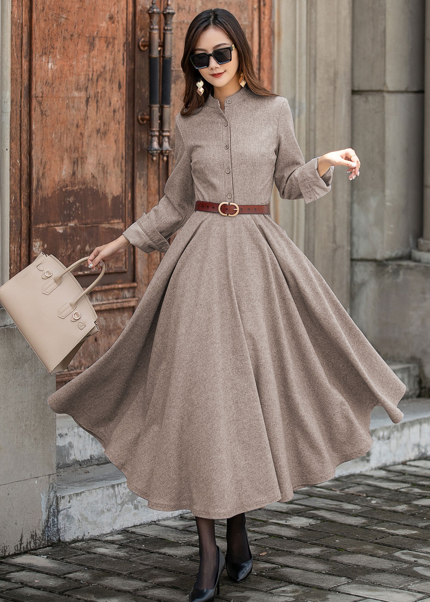 Wool Blend Midi Dress – Women’s Long Sleeve Winter Fit and Flare Dress 5432