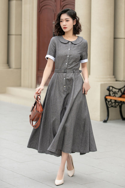 Gray Linen Midi Dress with Belt – Swing Shirt Style, Half Sleeve 4940