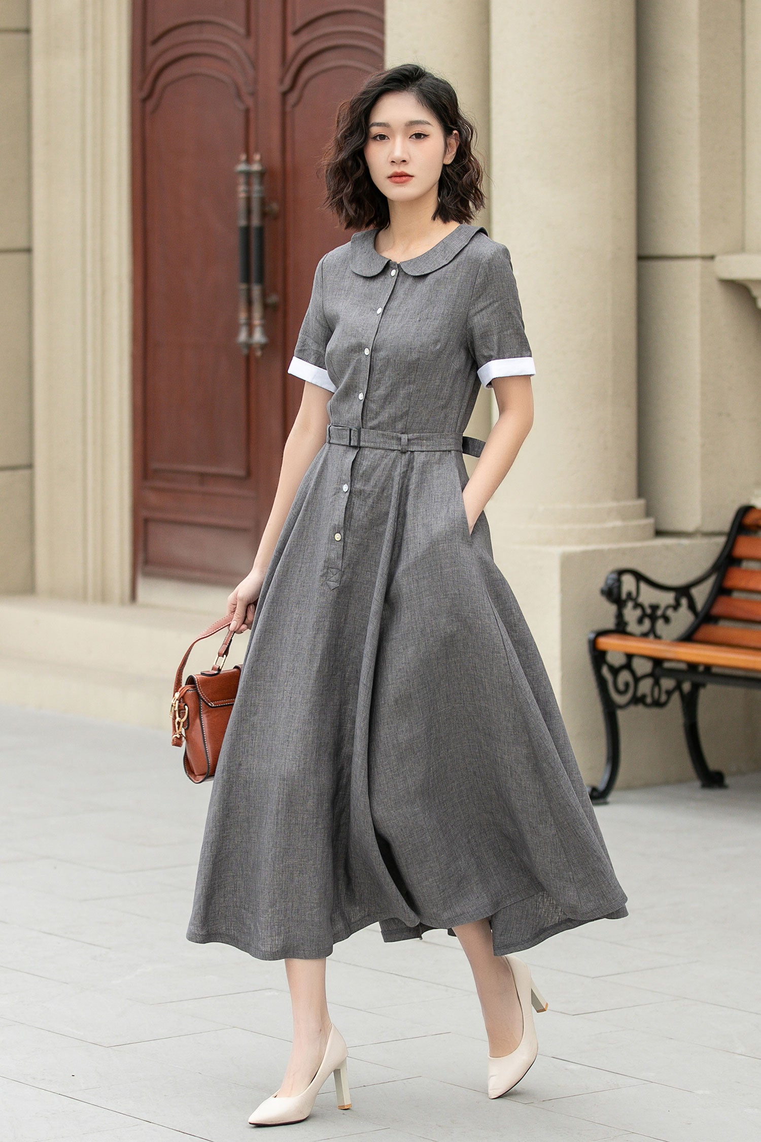 midi length shirt dress Gray Belted Linen Midi Shirt Dress – Breathable & Elegant