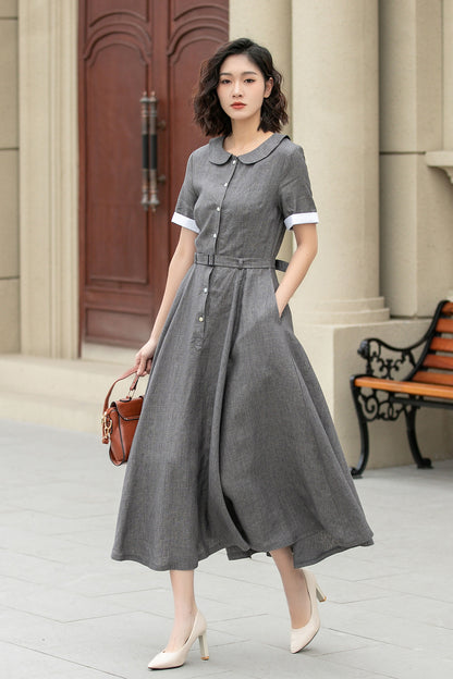Gray Linen Midi Dress with Belt – Swing Shirt Style, Half Sleeve 4940