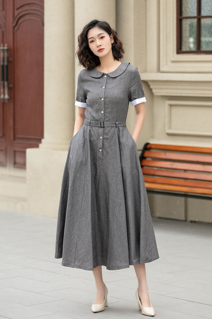 Gray Linen Midi Dress with Belt – Swing Shirt Style, Half Sleeve 4940