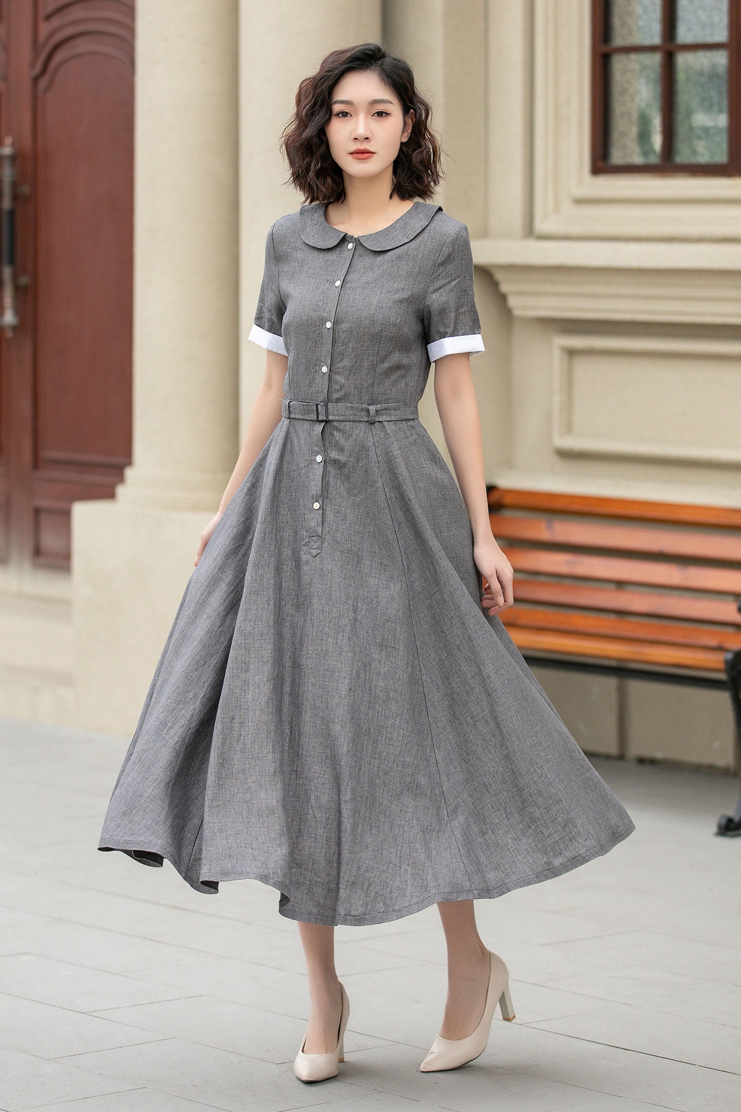Gray Linen Midi Dress with Belt Swing Shirt Style, Half Sleeve 4940 - Gray / XS Gray Linen Midi Dress with Belt Swing Shirt Style, Half Sleeve 4940 - Gray / XS