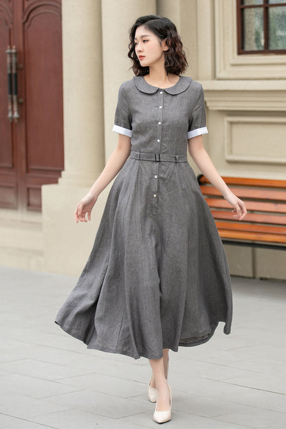 Gray Linen Midi Dress with Belt – Swing Shirt Style, Half Sleeve 4940
