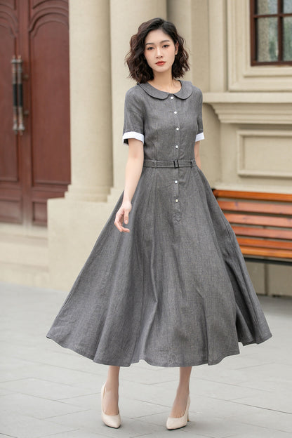 Gray Linen Midi Dress with Belt – Swing Shirt Style, Half Sleeve 4940