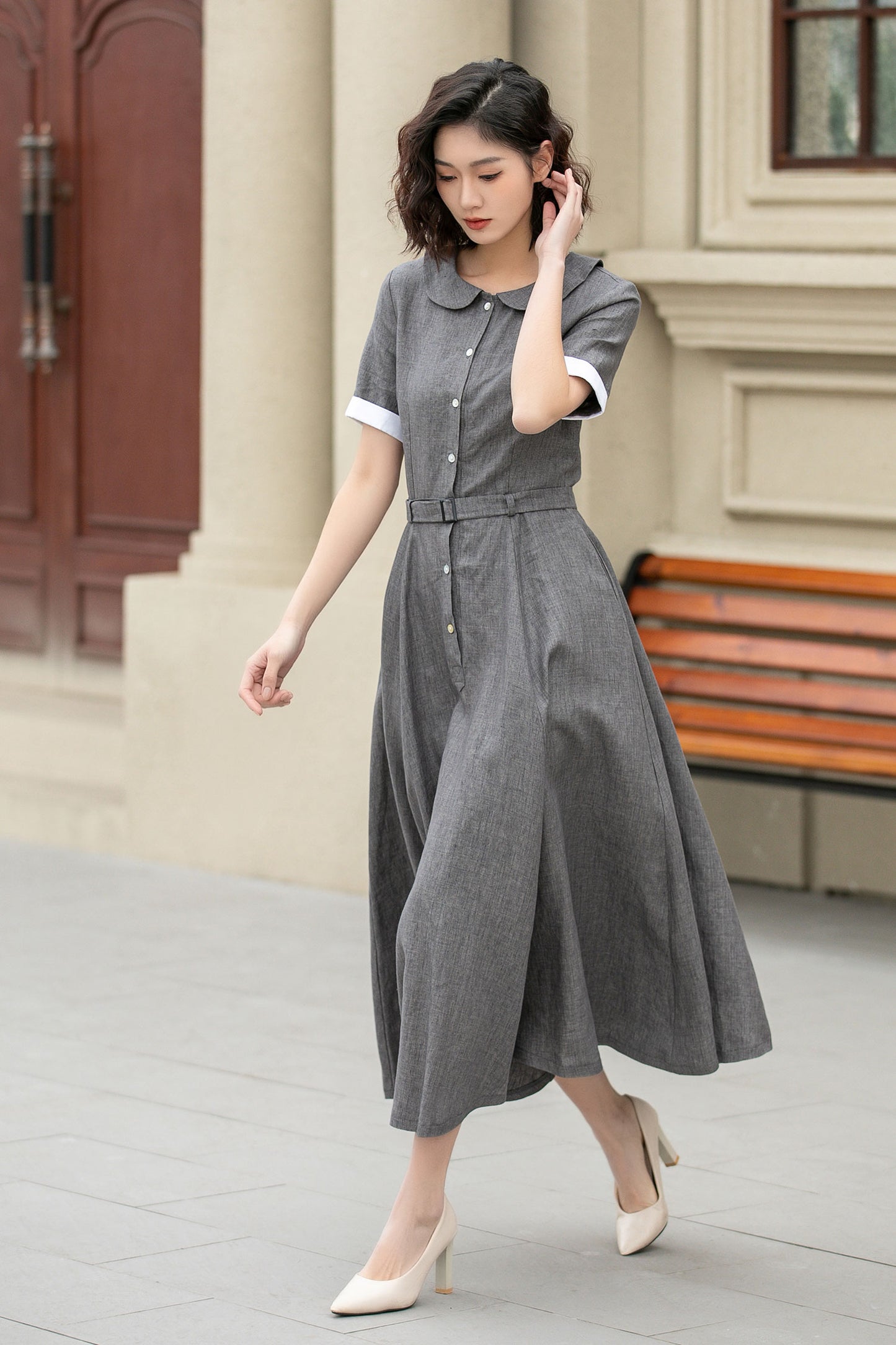 Gray swing midi linen shirt dress 4940