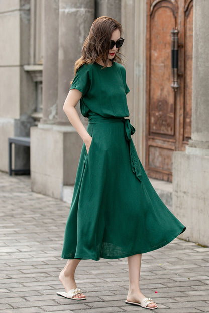 Emerald Green Linen Cotton Midi Dress - Fit & Flare Puffy Sleeves | Xiaolizi 4272
