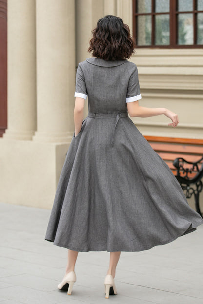 Gray Linen Midi Dress with Belt – Swing Shirt Style, Half Sleeve 4940