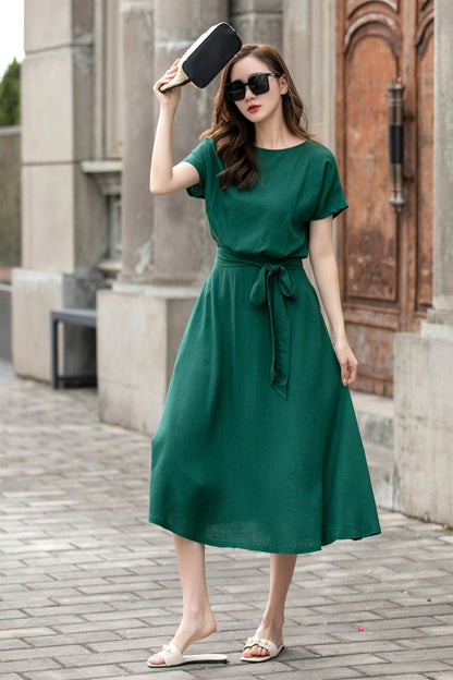 Emerald Green Linen Cotton Midi Dress - Fit & Flare Puffy Sleeves | Xiaolizi 4272