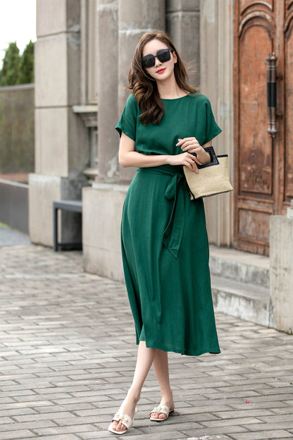 Emerald Green Linen Cotton Midi Dress - Fit & Flare Puffy Sleeves | Xiaolizi 4272