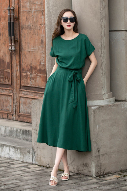 Emerald Green Linen Cotton Midi Dress - Fit & Flare Puffy Sleeves | Xiaolizi 4272